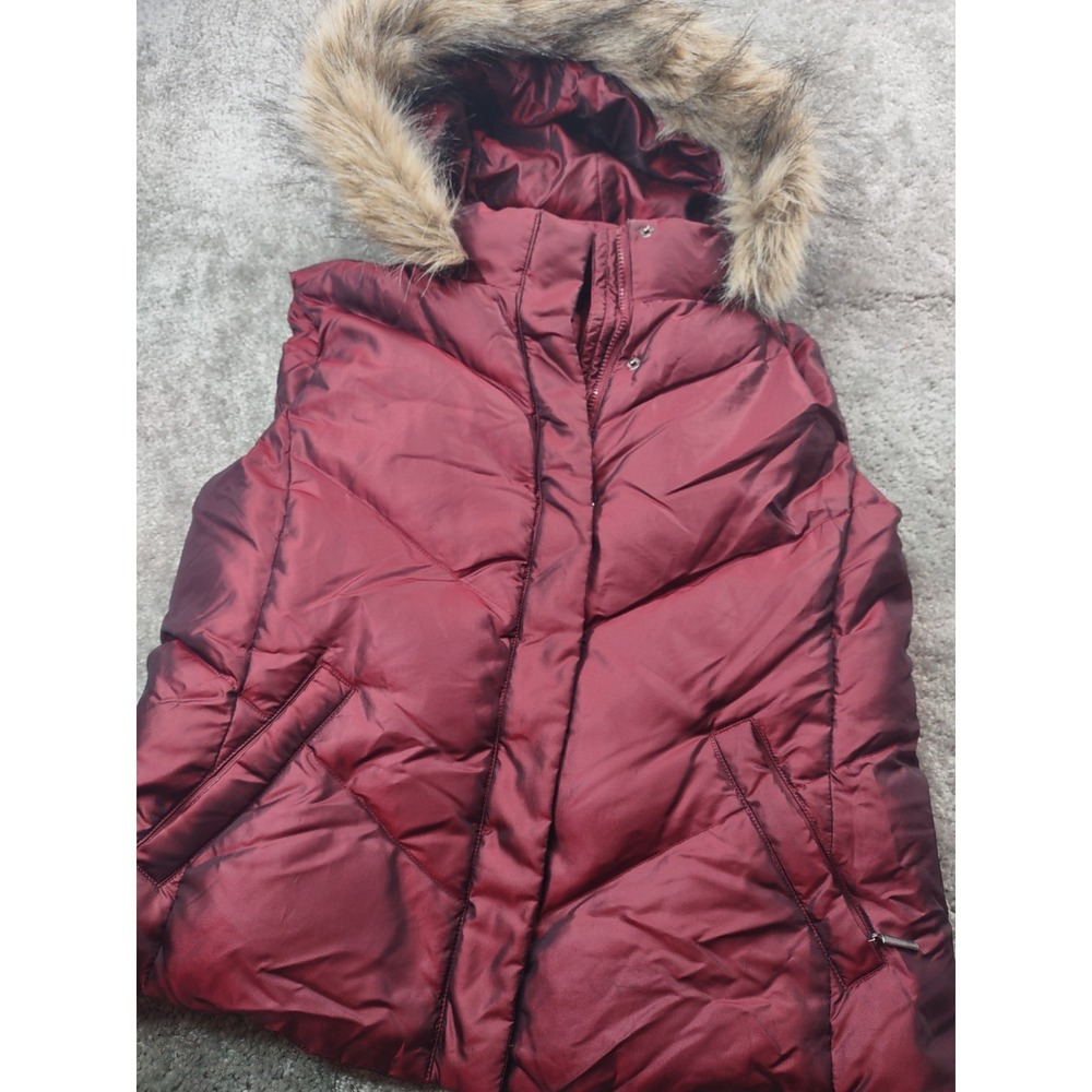 Relativity Puffer Coat‎ Women Large Burgundy Filler Duck Down Faux Fur Hood